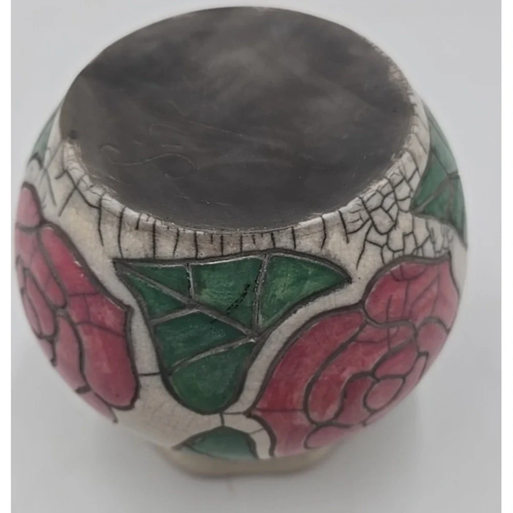 Vintage Rose Floral Ceramic Vase Crackle Glaze Pink Green